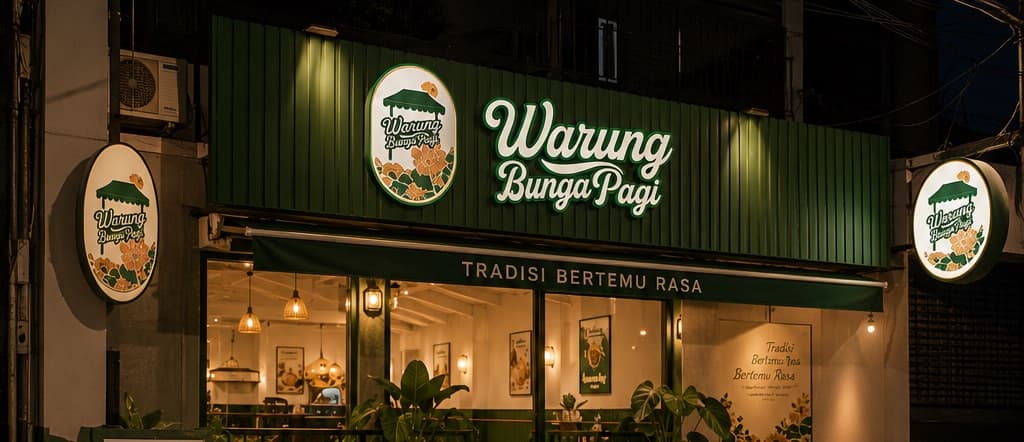 A Warung BungaPagi storefront at night — green facade with the brand signage and 'Tradisi Bertemu Rasa'.